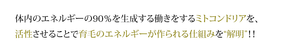 体内のエネルギーの90％を生成する働きをするミトコンドリアを、活性させることで育毛のエネルギーが作られる仕組みを世界で初めて“解明”！！ミトコンドリア研究の結果をまとめた育毛に関する論文、原書にてトップ掲載。
