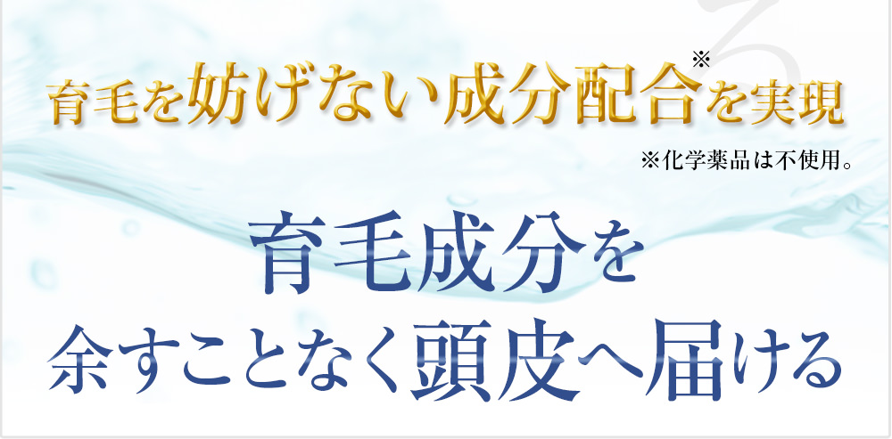 育毛を妨げない成分配合を実現。安全性に配慮し､化学薬品は不使用。頭皮環境を整え育毛をサポートするために必要な成分だけを配合しております。育毛成分を余すことなく頭皮へ届ける