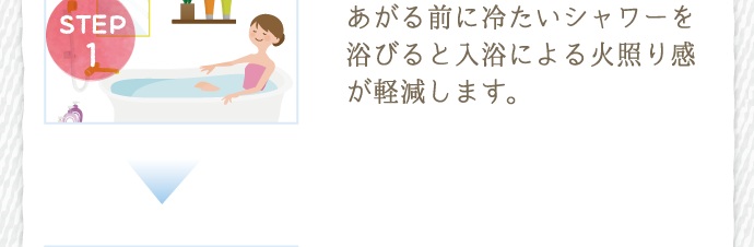 １．あがる前に冷たいシャワーを浴びると入浴による火照り感が軽減します。