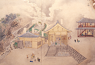 江戸時代の照湯の風景。一之湯から三之湯までもつ大型の温泉保養ランド