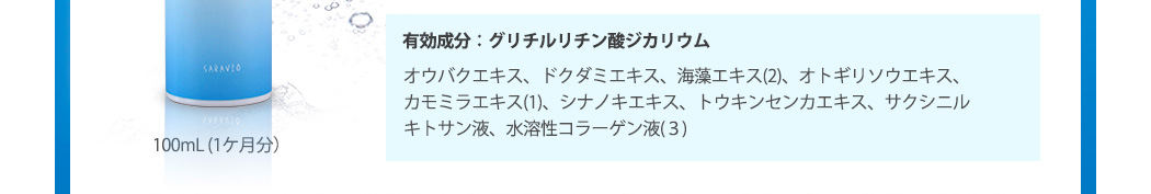 100mL (1ケ月分）　有効成分：グリチルリチン酸ジカリウム、オウバクエキス、ドクダミエキス、海藻エキス(2)、オトギリソウエキス、カモミラエキス(1)、シナノキエキス、トウキンセンカエキス、サクシニルキトサン液、水溶性コラーゲン液(３)