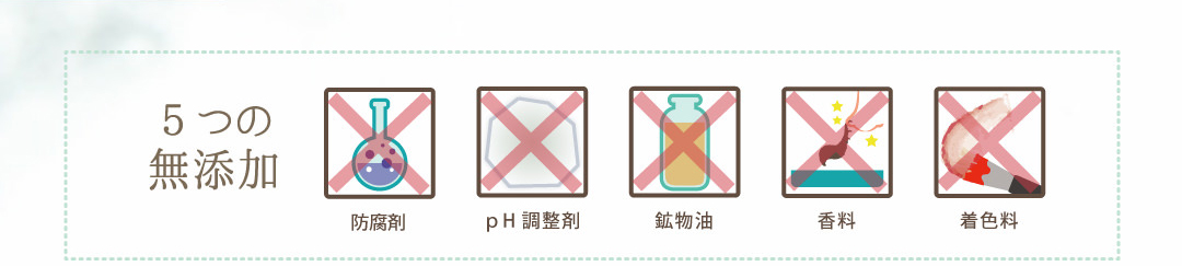 防腐剤フリー、ｐH調整剤フリー、無鉱物油、無香料、無着色料